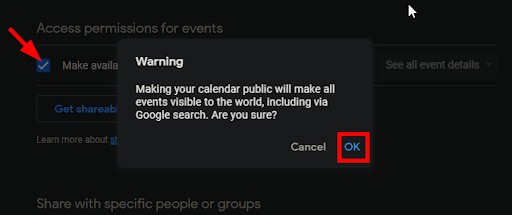 share your Google calendar, share settings warning
