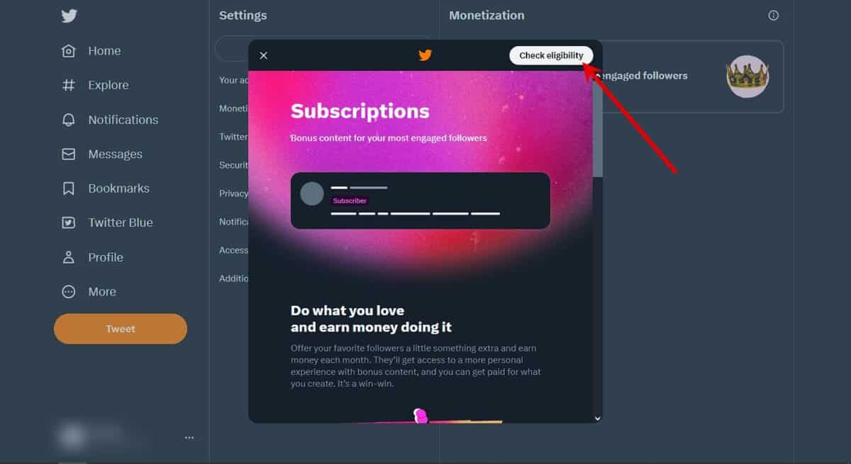 Subscription eligibility check on Twitter website