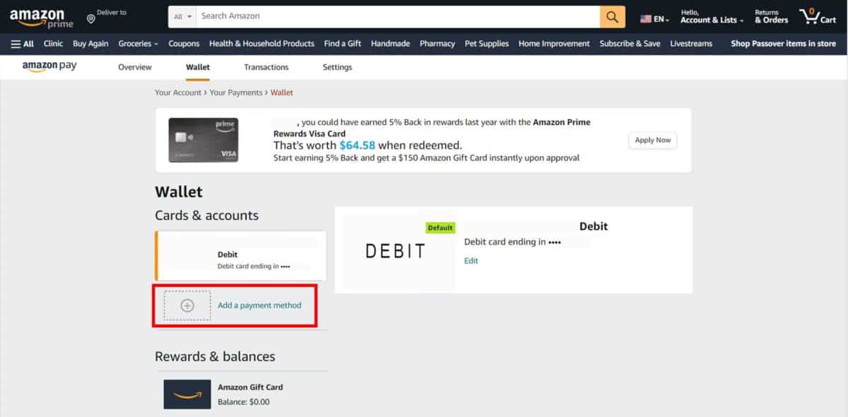 Choose "Add a payment method" under the "Cards & accounts" heading on the left.