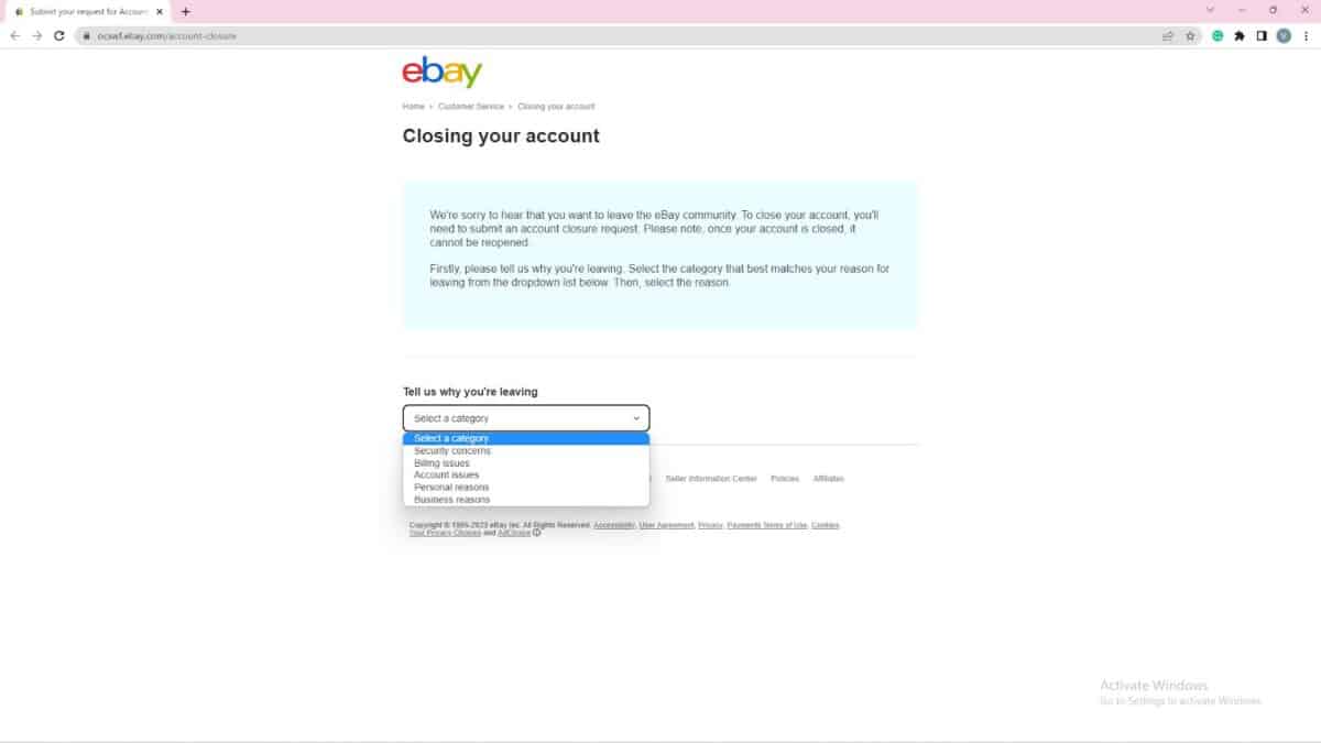 Delete eBay Account, Close account reason