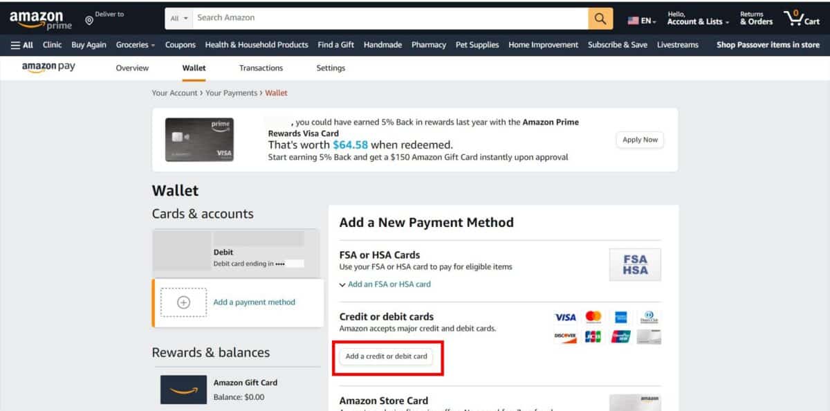 Click on the "Add a credit or debit card" button under "Credit or debit cards".