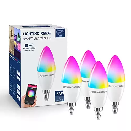 Smart Candelabra LED Bulbs, 60 Watt Equivalent, 6W 500lm, E12 LED Bulbs Work with Alexa and Google Home, 2700-6500K+RGB, APP Control, No Hub Required, Timer, Group Control, 2.4GHz WiFi Only, 4PCS