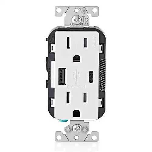 Leviton T5633-W 15-Amp Type A & Type-C USB Charger/Tamper Resistant Outlet, Not for Laptops, White