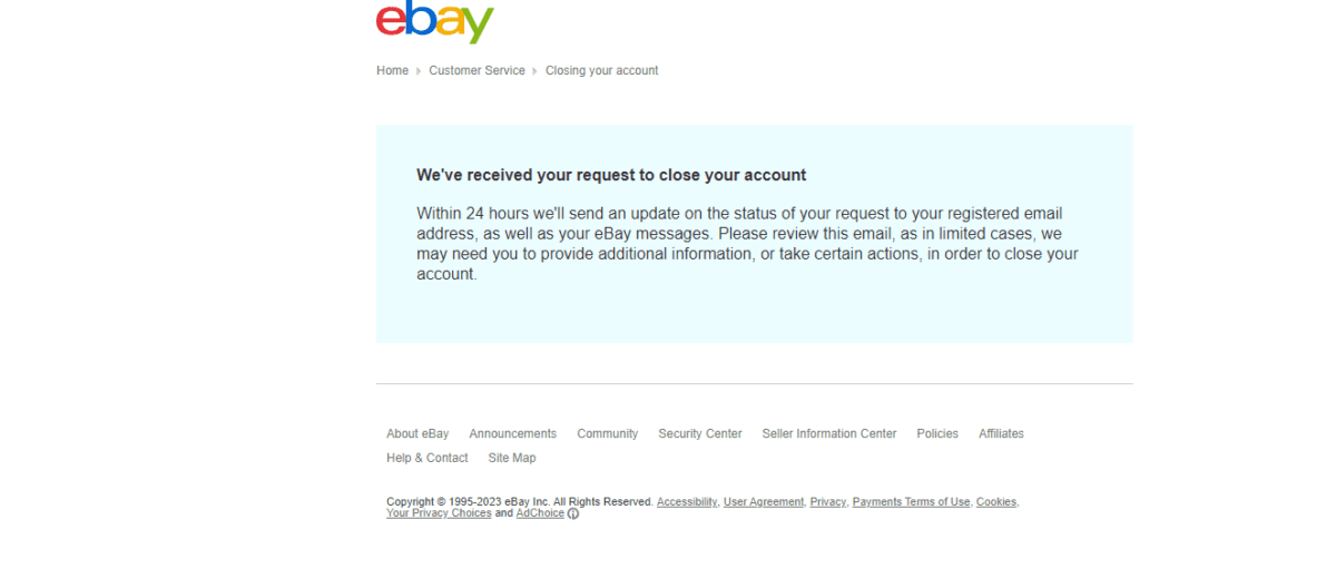 Delete eBay Account, Close account acknowledgement