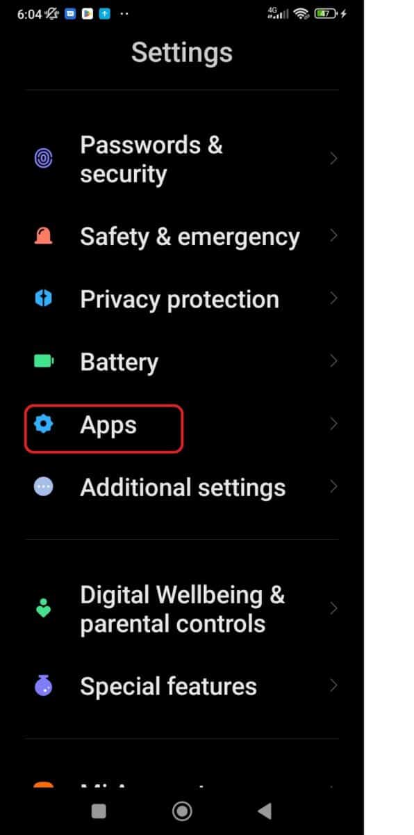 Scroll down the Settings until you see the Apps option.