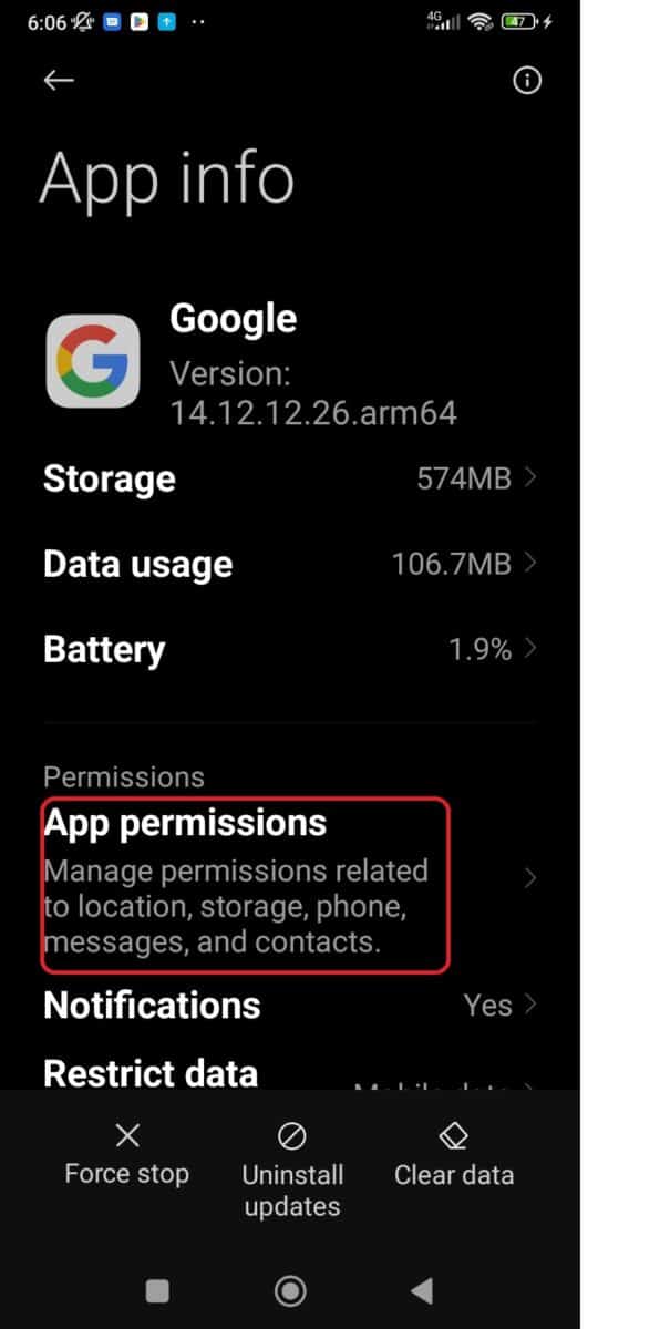 Tap app permissions under Google app.