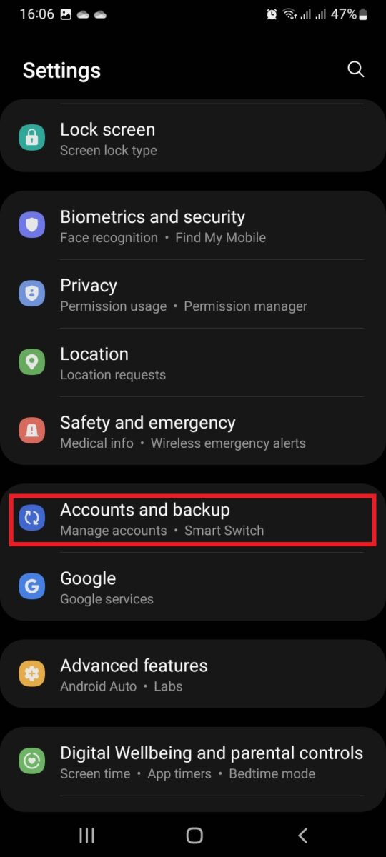 Choose "Accounts and backup" from the options.