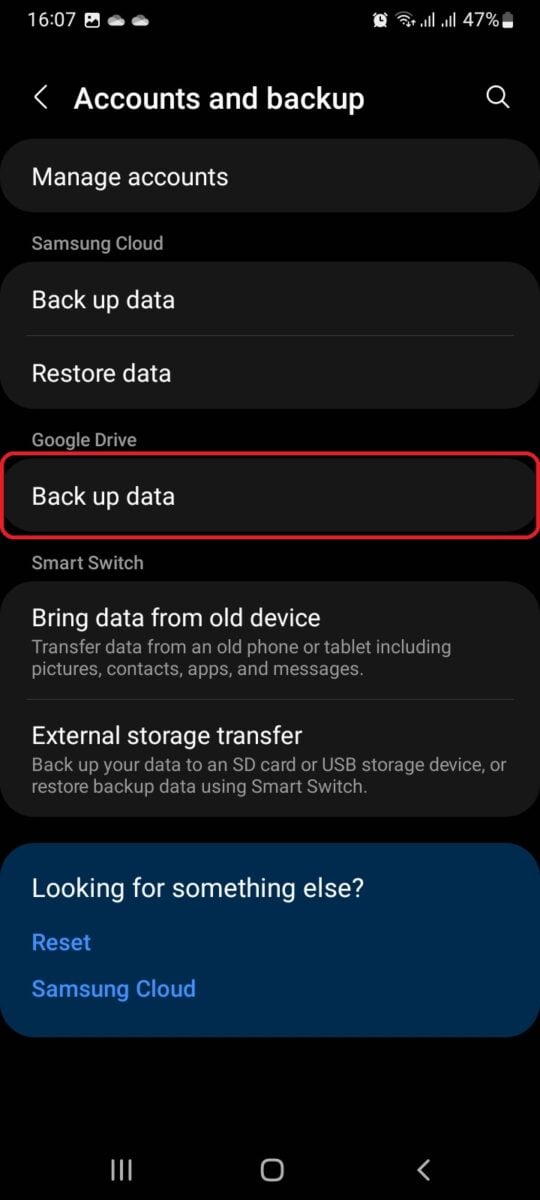 Select "Back up data."