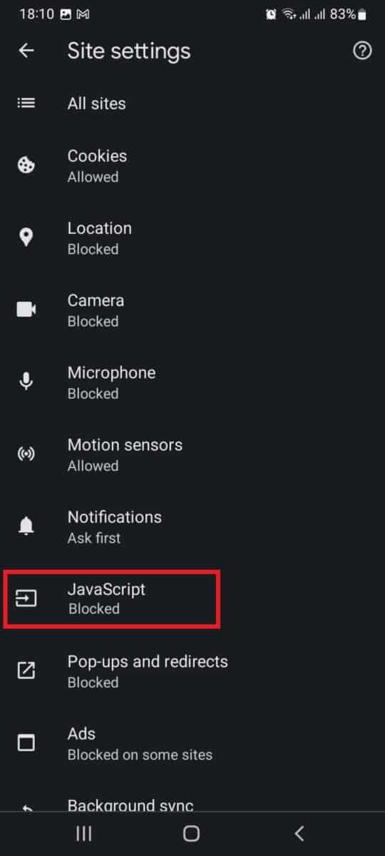 Image showing JavaScript under site settings.