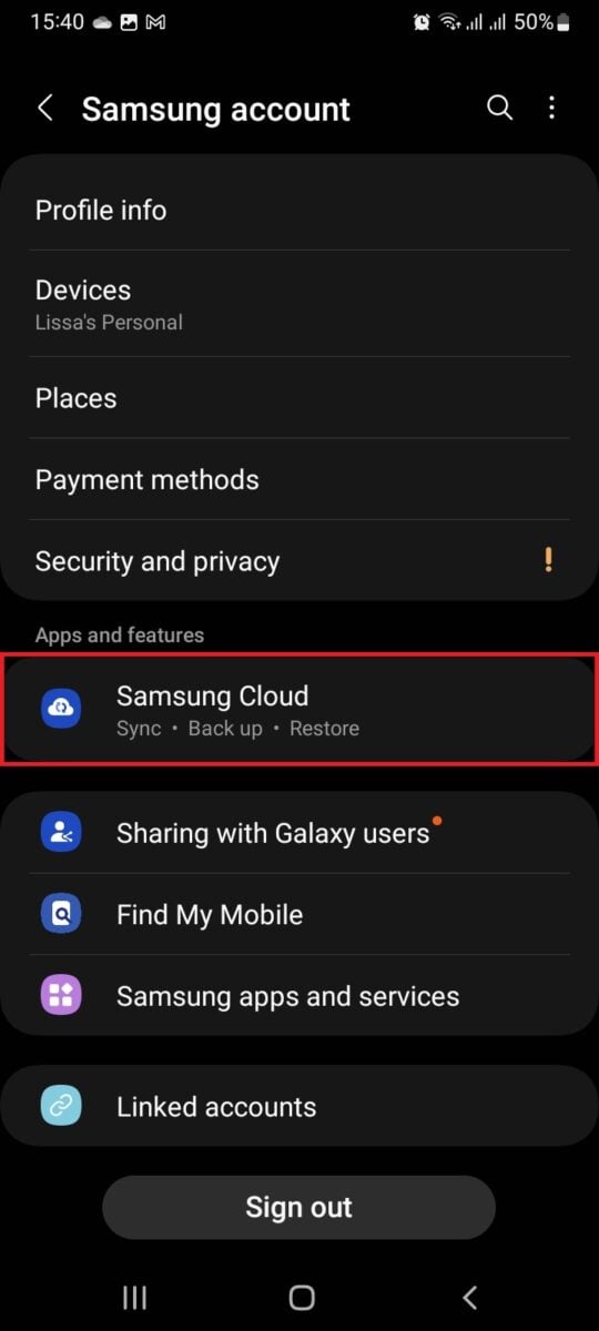 Locating "Samsung Cloud."