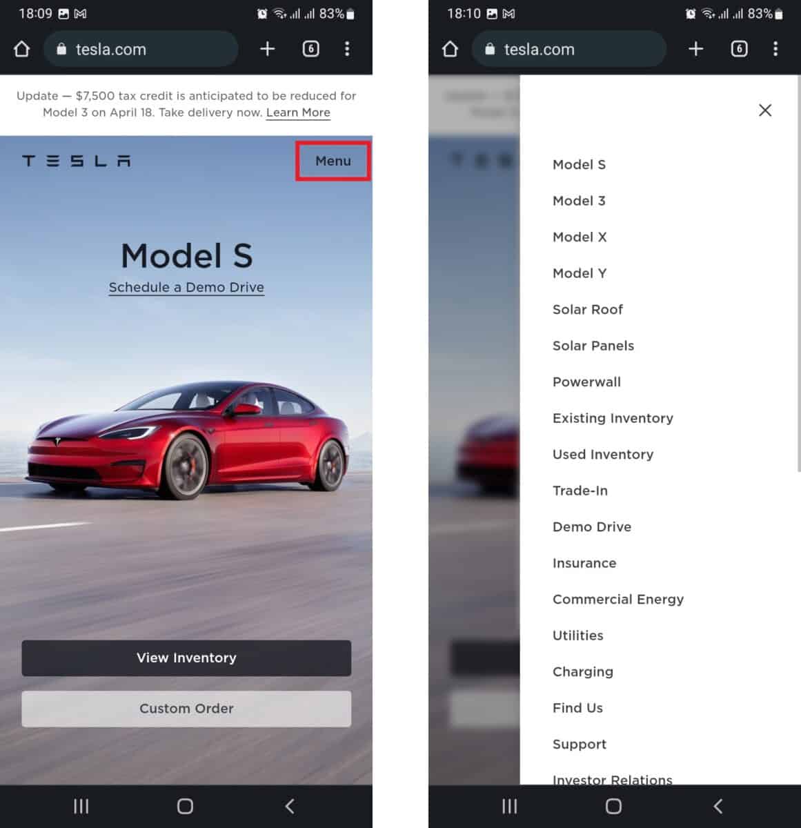 Image showing Tesla site from step one with JavaScript enabled
