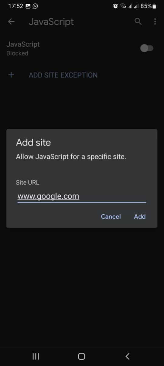 Image showing how to add site exception for JavaScript