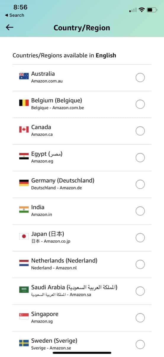 Language on Amazon, app country/region settings