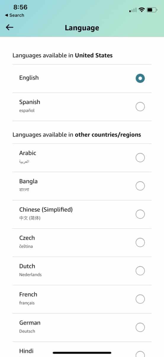 Language on Amazon, app languages