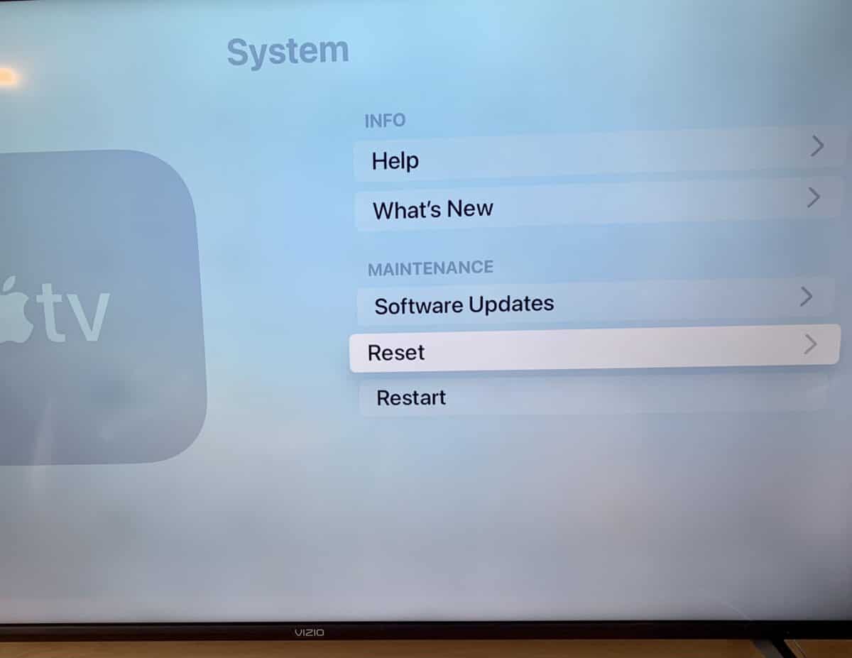 Select "Reset" to set your Apple TV back to its factory settings.