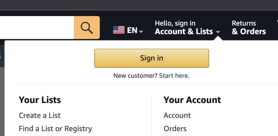 Tap on "Hello, sign in" at the top right corner of the Amazon web page to log in.