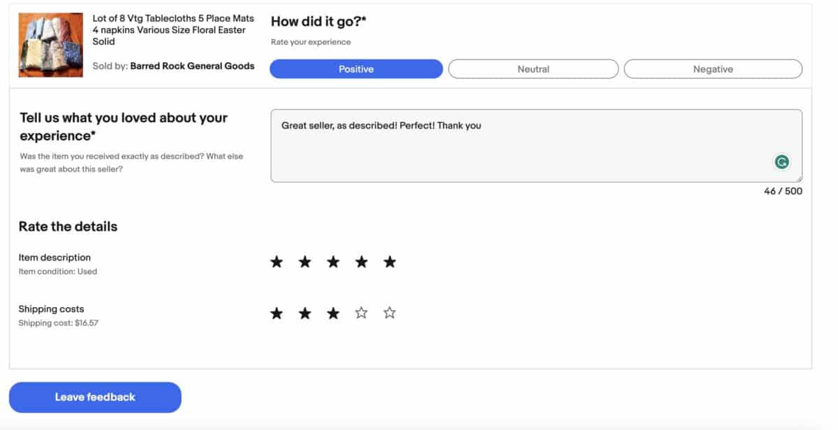 Leave Feedback on eBay, feedback form