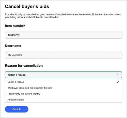 Image showing where to cancel a buyer's bid