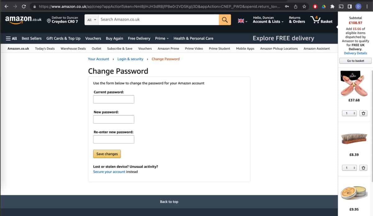 Amazon password change page on website