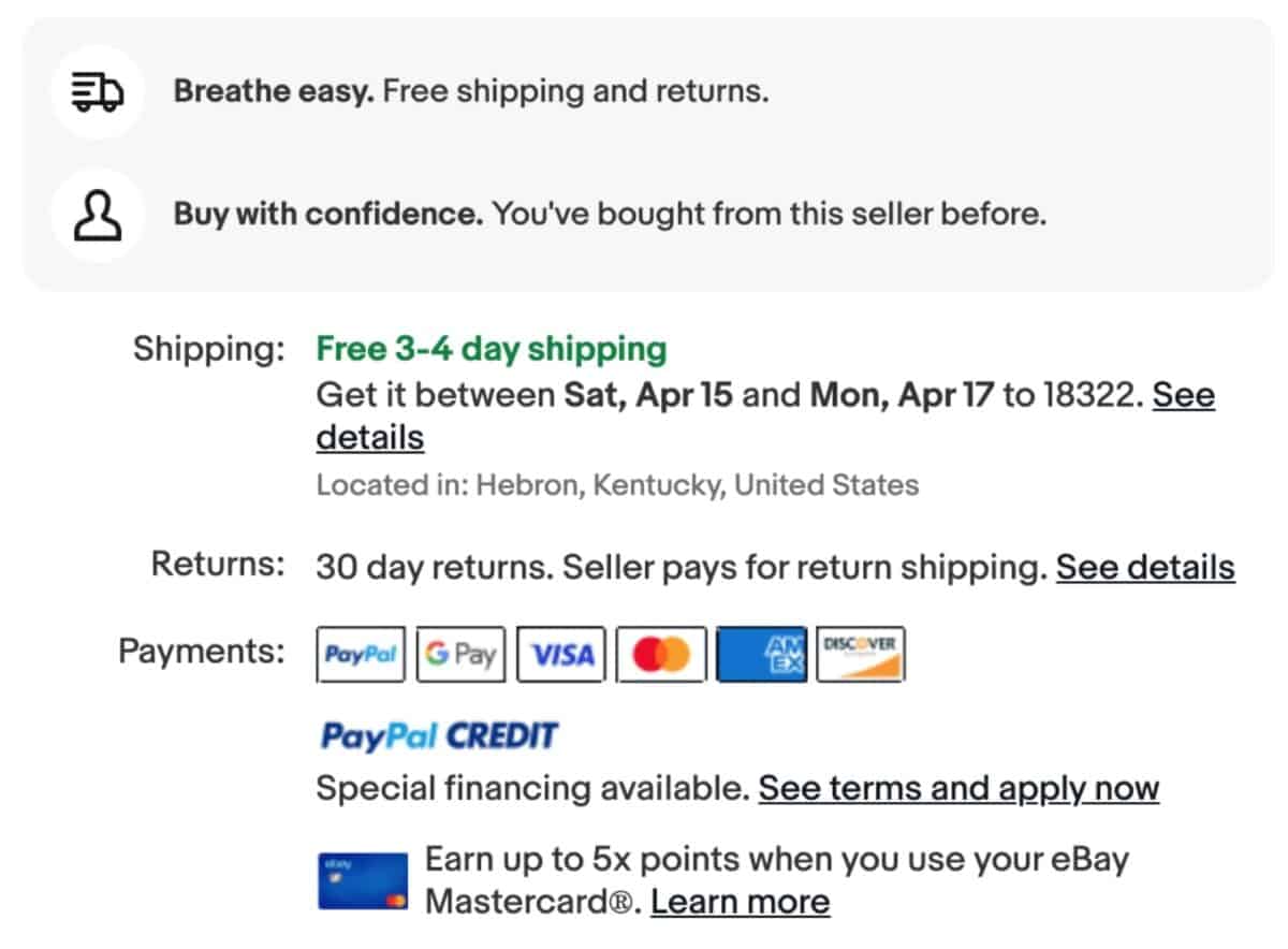 Ebay shipping return screen.