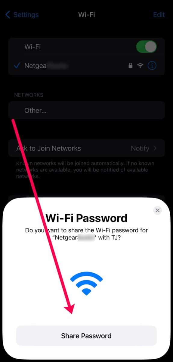 Scroll down and tap share password button.