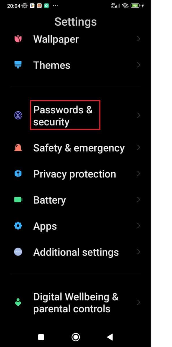 Select the Passwords and Security option.