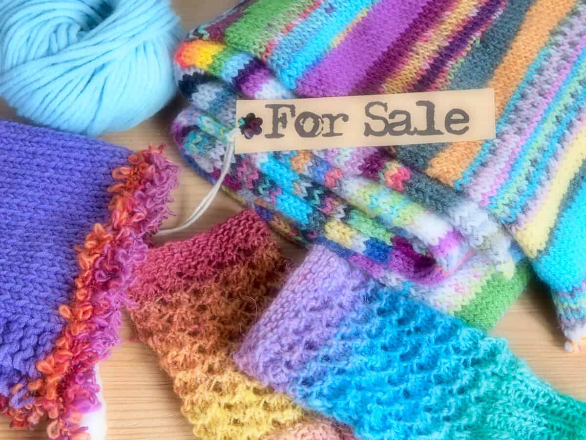 Handmade goods with a "For Sale" tag attached.