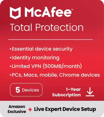 McAfee Total Protection 2023 + New Device Setup | Amazon Exclusive | 5 Device | Antivirus Internet Security Software | VPN, Password Manager, Dark Web Monitoring | 1 Year Subscription | Download Code