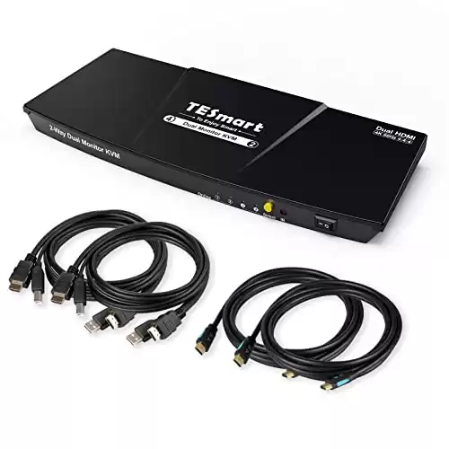 TESmart HDMI KVM Switch 2 Monitors 2 Computers 4K@60Hz, USB 2.0, Dual Monitor KVM Switch HDMI 2 Port Extended Display, EDID emulators, L/R Audio, Hotkey Switch, Button Switch with All Cables