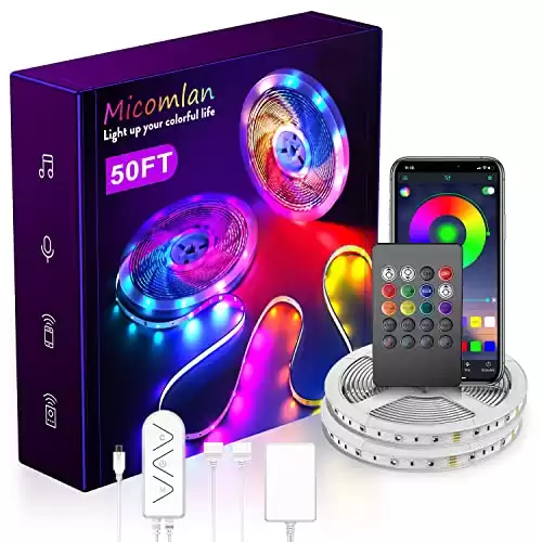 Micomlan 50ft/15M Led Strip Lights,Music Sync Color Changing RGB LED Strip Lights Built-in Mic, Bluetooth app Controlled LED Lights Rope Lights, 5050 RGB LED Light Strip(APP+Remote+Mic+3 Button)