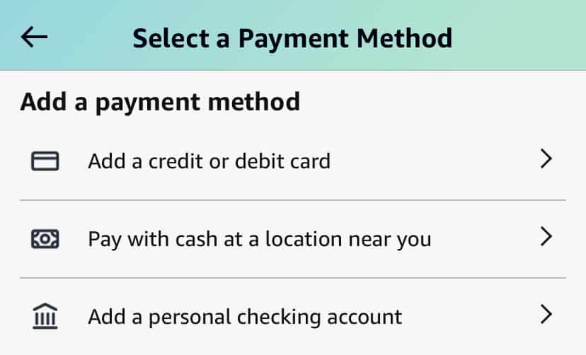 "Select a Payment Method" screen on Amazon's iPhone app.