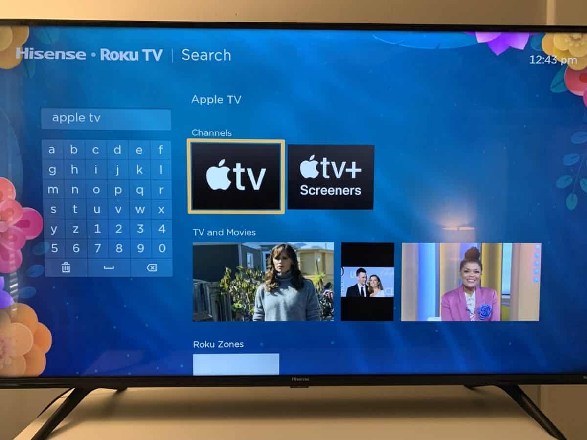 Apple TV in the search results of a Roku TV.