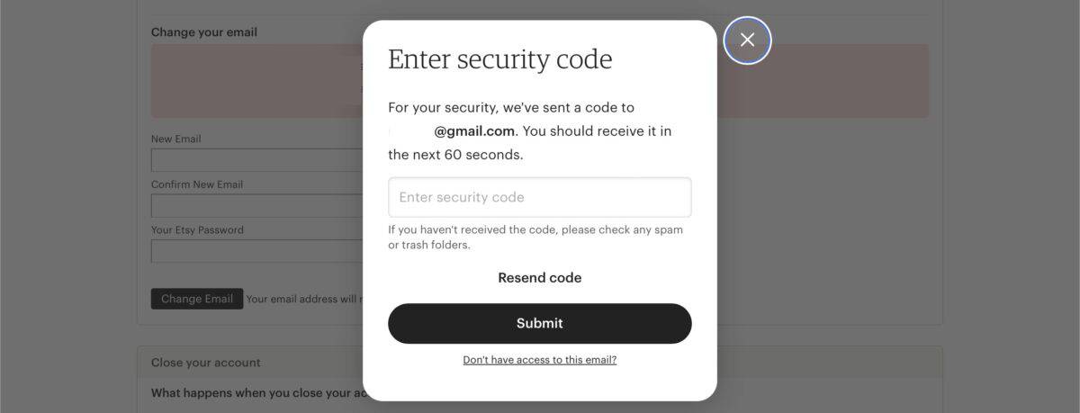 Pop-up asking user to enter a security code emailed to them.