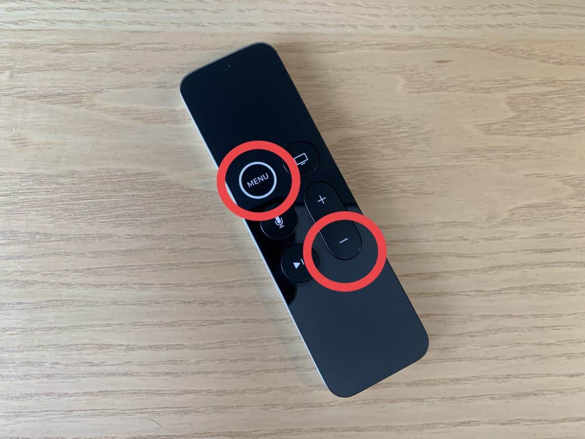 Menu and Volume Down buttons highlighted on an Apple TV Siri Remote.