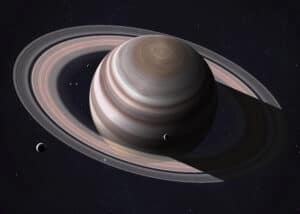 Saturn, its rings, and its moons.