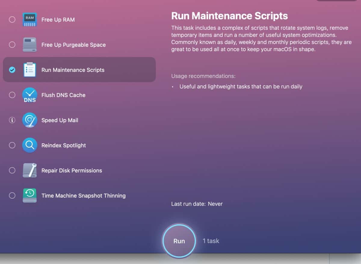 run maintenance scripts on mac- hit run
