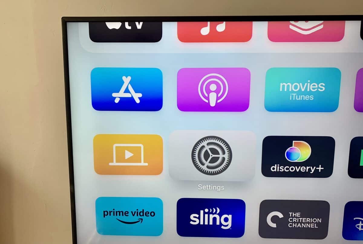 Apple TV home page with Settings app highlighted.