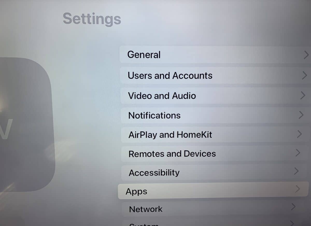 The "Apps" option in the Apple TV Settings app.