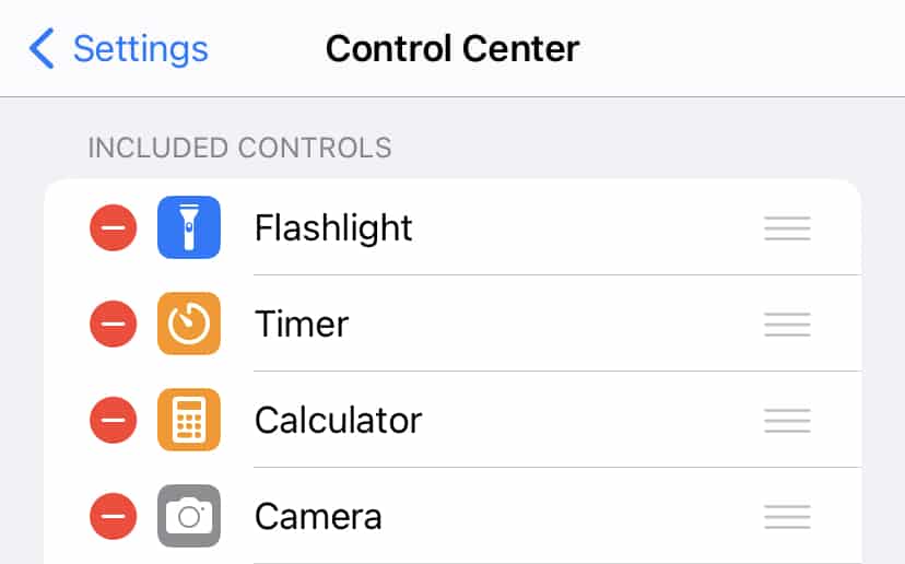 Control Center settings on an iPhone.