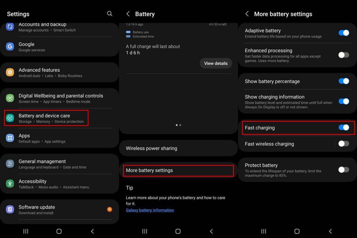 Android Settings to enable fast wireless charging.