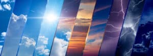 Weather forecast background, climate change concept, collage of sky image with variety weather conditions - bright sun and blue sky, dark stormy sky with lightnings, sunset and night