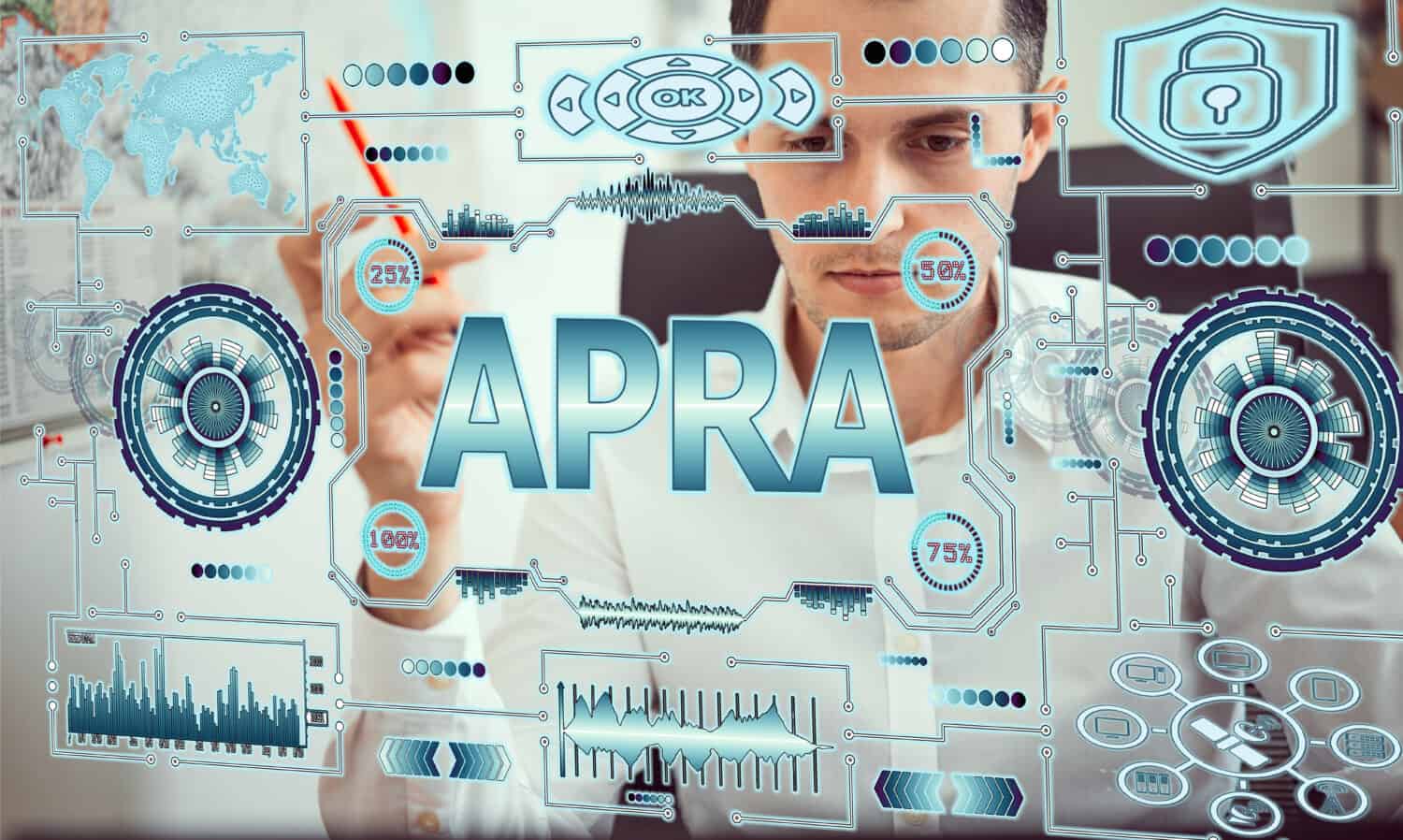 A young businessman uses a futuristic laptop with the latest holographic technology augmented reality with the inscription "ARPA" 