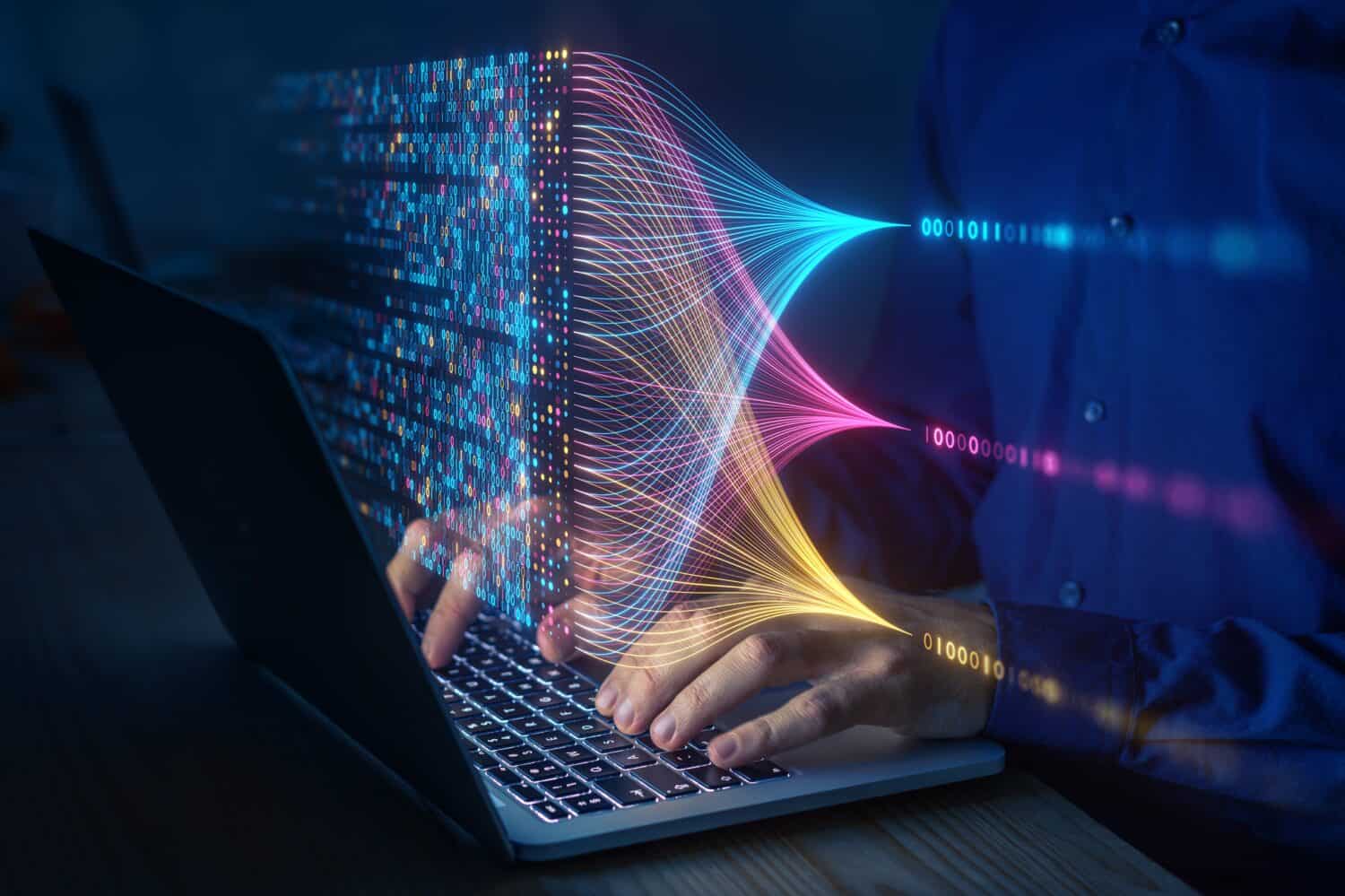 Data science and big data technology. Scientist computing, analysing and visualizing complex data set on computer. Data mining, artificial intelligence, machine learning, business analytics.