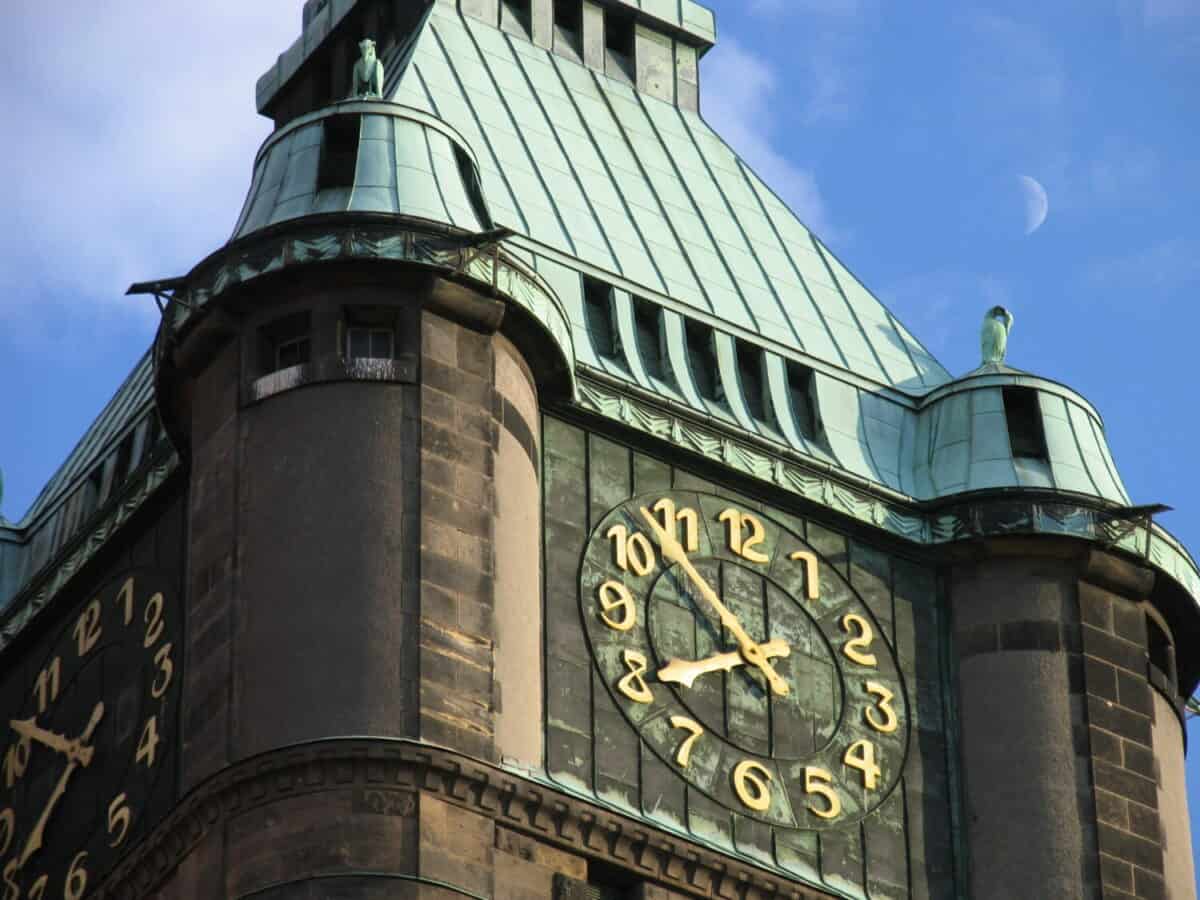 Moon and tower clock in Dresden Technical University, June 2004