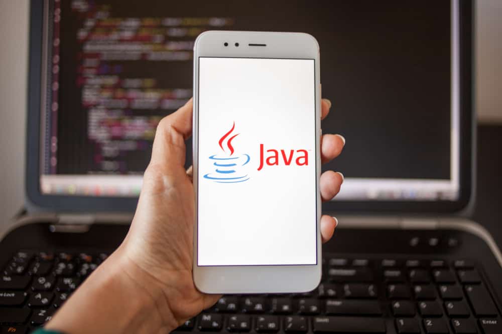 hand holding a smartphone with a java logo
