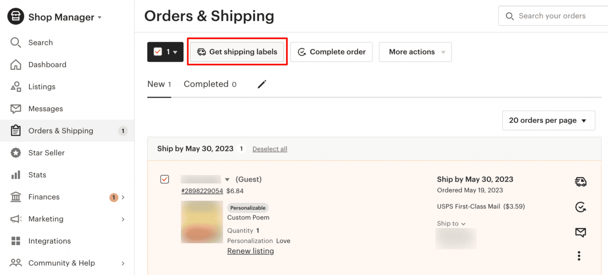 Etsy Orders & Shipping page