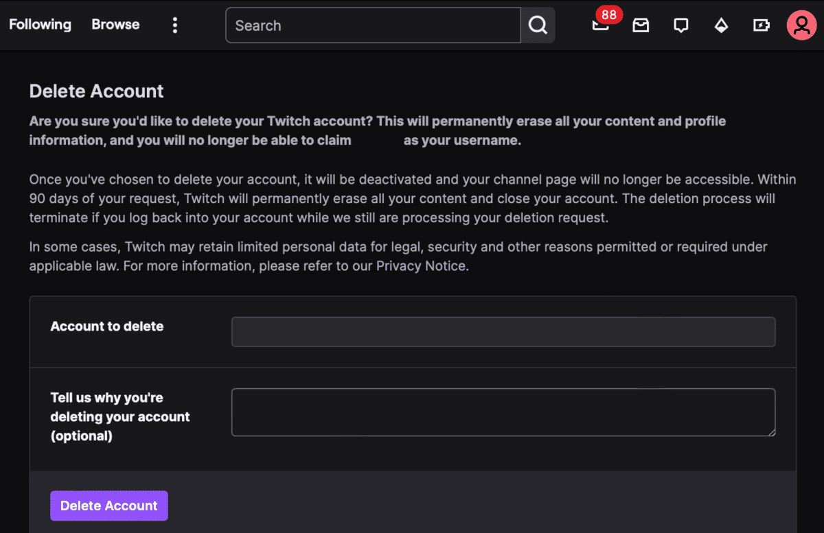 Delete account page on Twitch website.