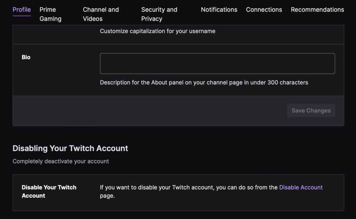 Disable account option on Twitch website.
