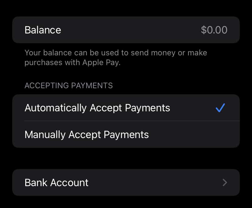 Accepting Payments options in the Wallet app on iPhone.