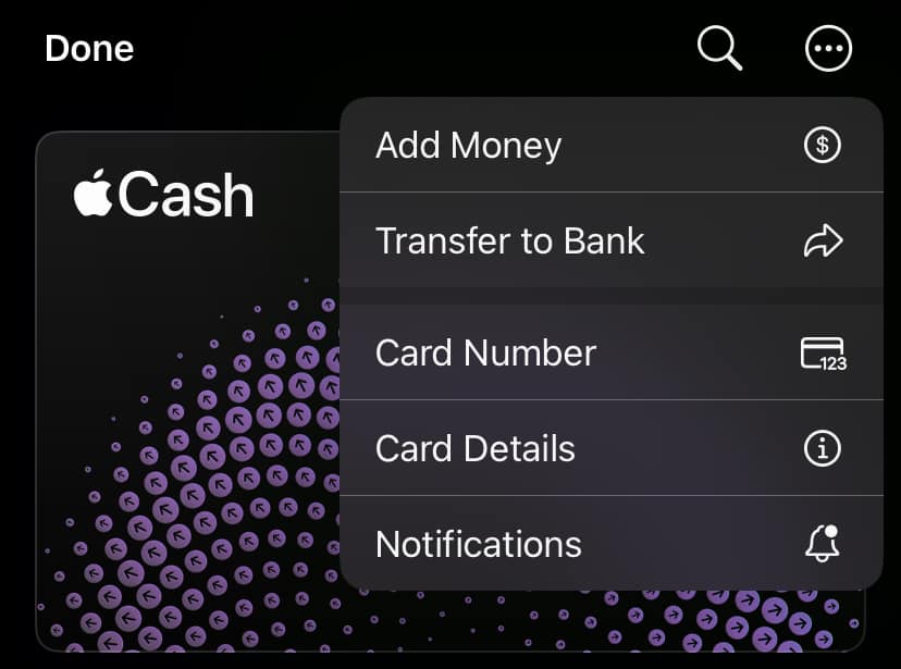 Apple Cash card options in the Wallet app on iPhone.